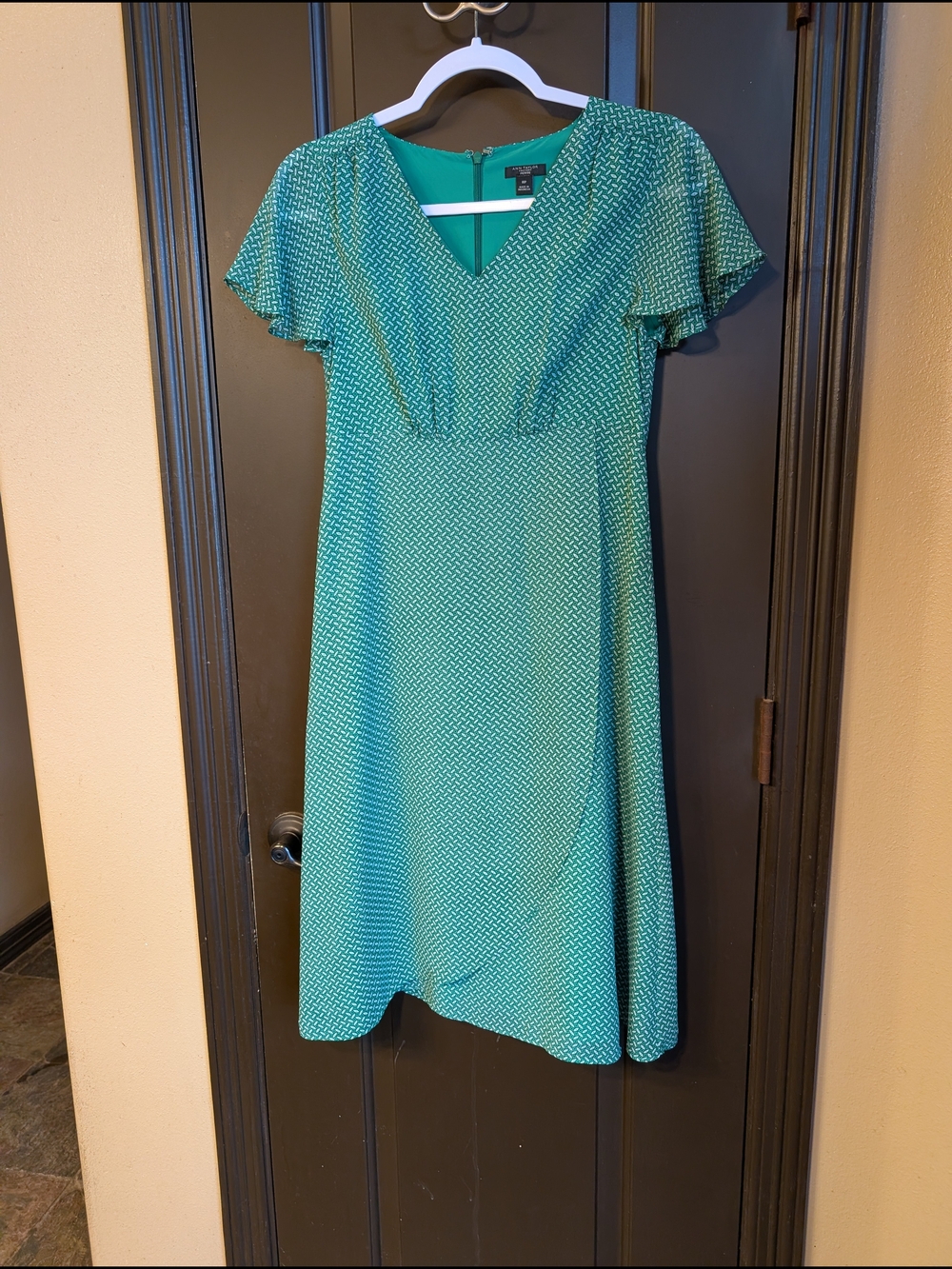 Talbots Teal Patterned V-Neck Flutter Sleeve Midi Dress